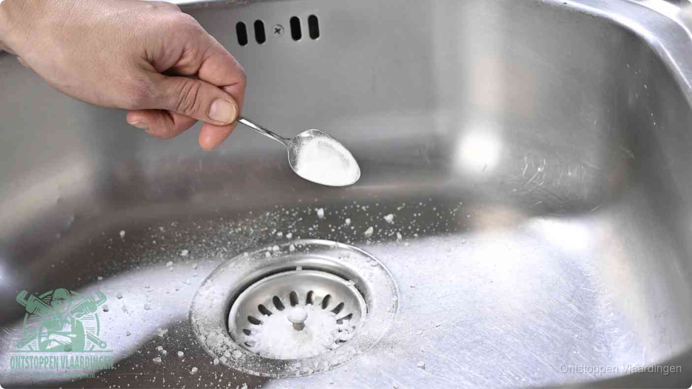 Een hand strooit met een lepel soda in de afvoer van een roestvrijstalen spoelbak, de soda en azijn huismiddel-methode om de afvoer te ontstoppen in Vlaardingen