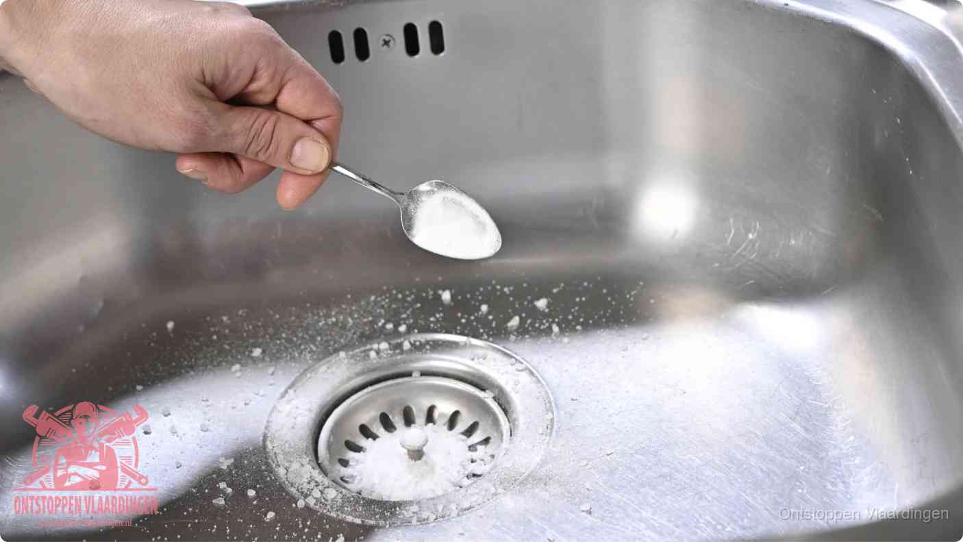Een hand strooit met een lepel soda in een afvoerputje, de soda en azijn huismiddel-methode om de wc te ontstoppen in Vlaardingen